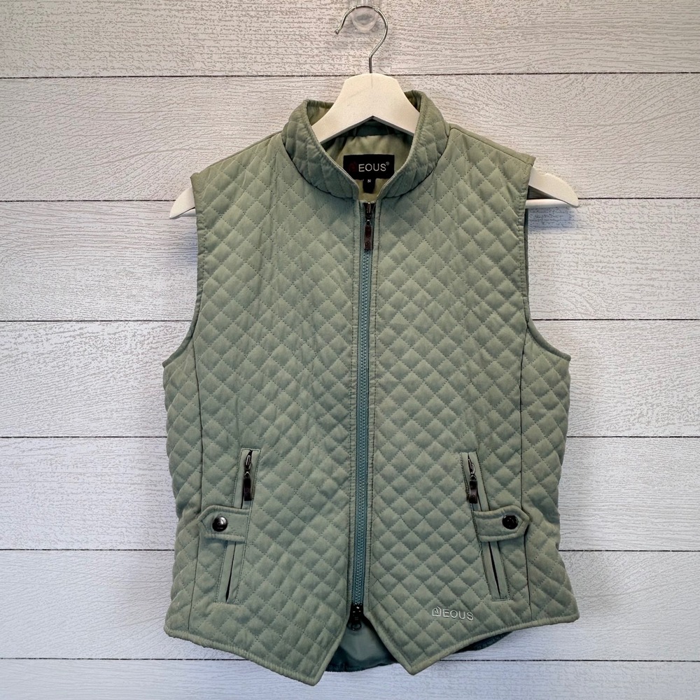 EOUS‎ Women Sage Green Quilted Equestrian Vest Full Zip Mock Neck Small